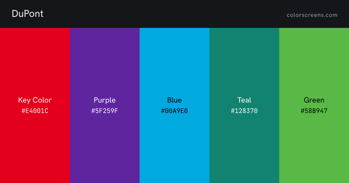 DuPont brand colors: Key Color #E4001C, Purple #5F259F, Blue #00A9E0, Teal #128370, Green #58B947