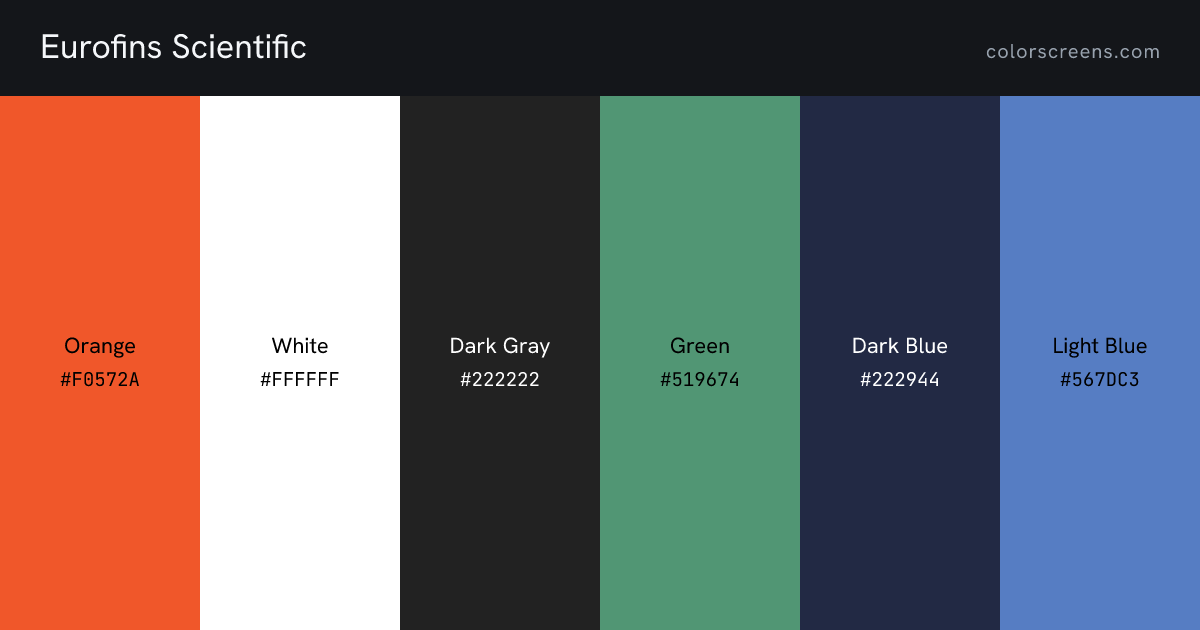 Eurofins Scientific brand colors: Orange #F0572A, White #FFFFFF, Dark Gray #222222, Green #519674, Dark Blue #222944, Light Blue #567DC3