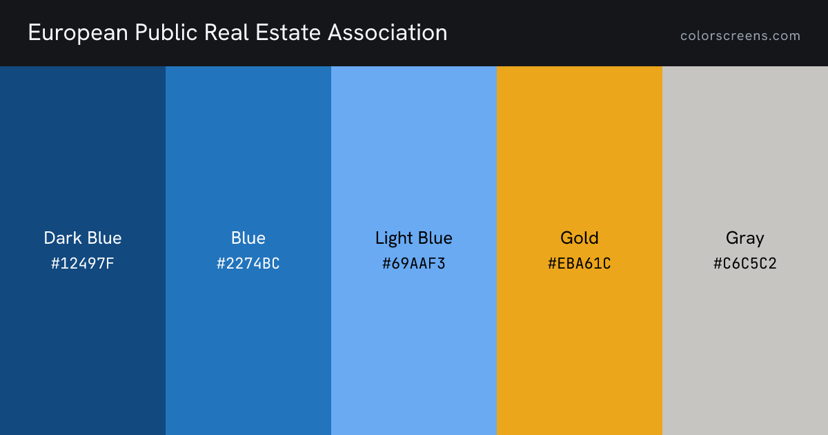 European Public Real Estate Association brand colors: Dark Blue #12497F, Blue #2274BC, Light Blue #69AAF3, Gold #EBA61C, Gray #C6C5C2