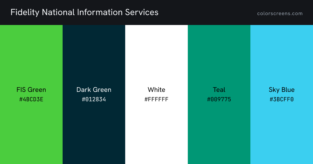 Fidelity National Information Services brand colors: FIS Green #4BCD3E, Dark Green #012834, White #FFFFFF, Teal #009775, Sky Blue #3BCFF0