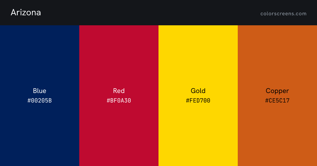 Arizona flag colors: Blue #00205B, Red #BF0A30, Gold #FED700, Copper #CE5C17