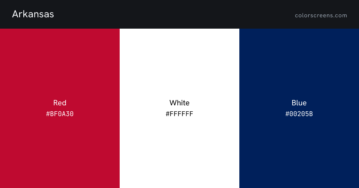 Arkansas flag colors: Red #BF0A30, White #FFFFFF, Blue #00205B