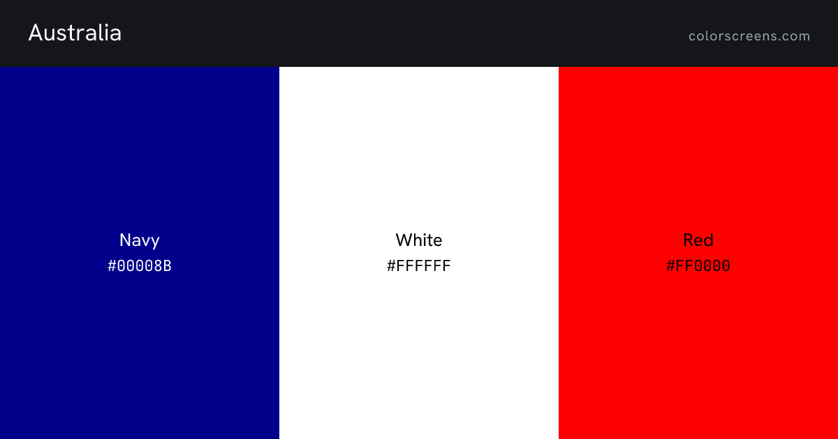 Australia flag colors: Navy #00008B, White #FFFFFF, Red #FF0000