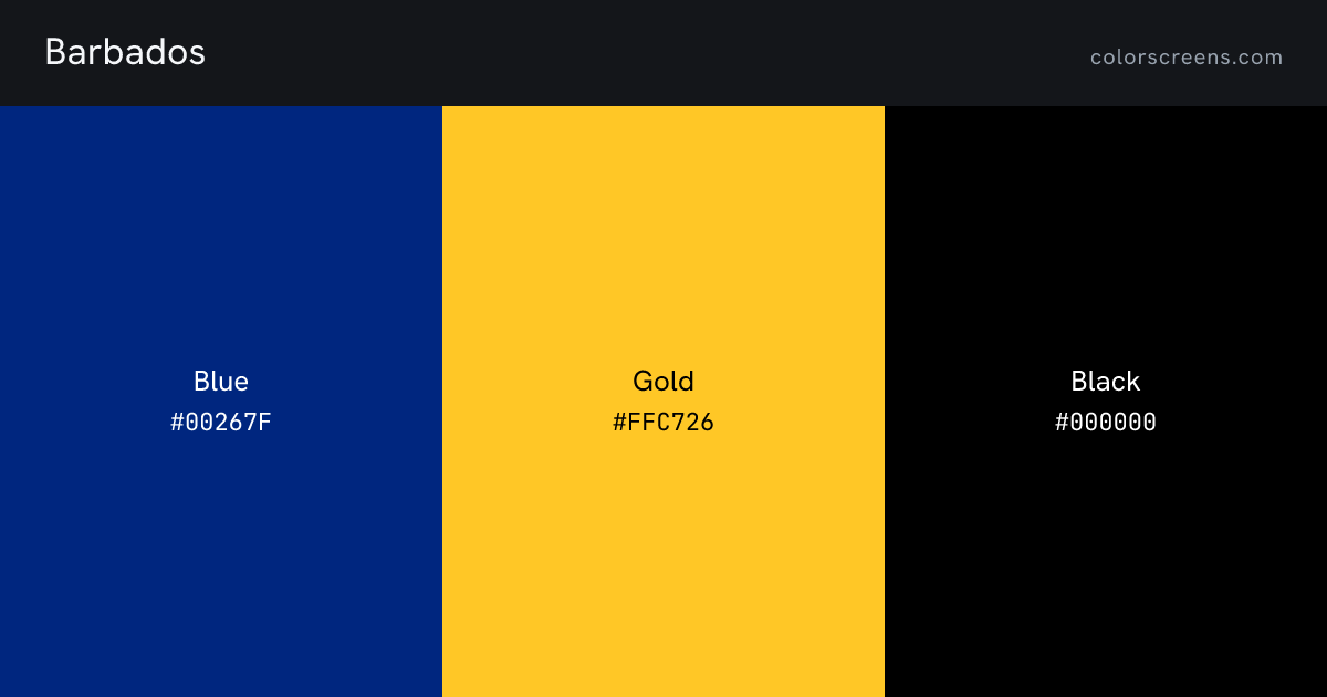 Barbados flag colors: Blue #00267F, Gold #FFC726, Black #000000