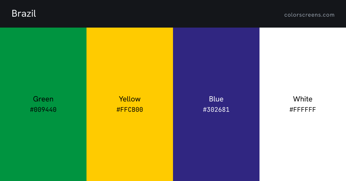 Brazil flag colors: Green #009440, Yellow #FFCB00, Blue #302681, White #FFFFFF