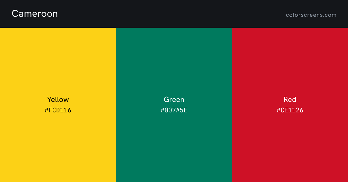 Cameroon flag colors: Yellow #FCD116, Green #007A5E, Red #CE1126