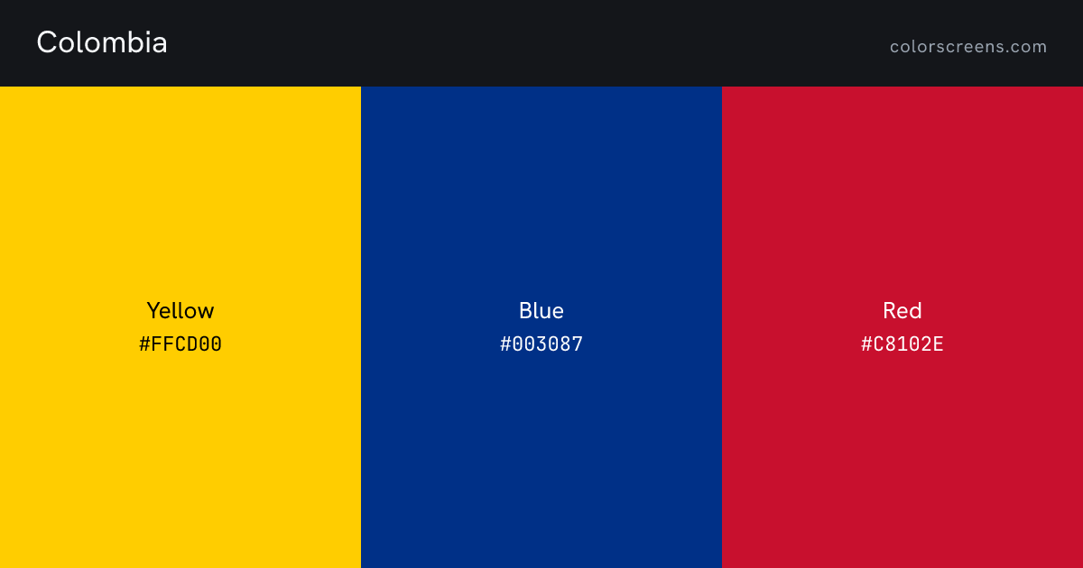 Colombia flag colors: Yellow #FFCD00, Blue #003087, Red #C8102E