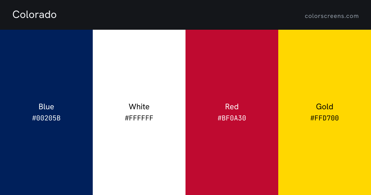 Colorado flag colors: Blue #00205B, White #FFFFFF, Red #BF0A30, Gold #FFD700