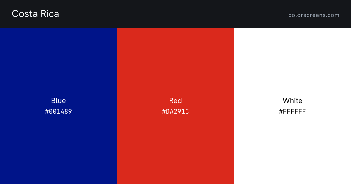 Costa Rica flag colors: Blue #001489, Red #DA291C, White #FFFFFF