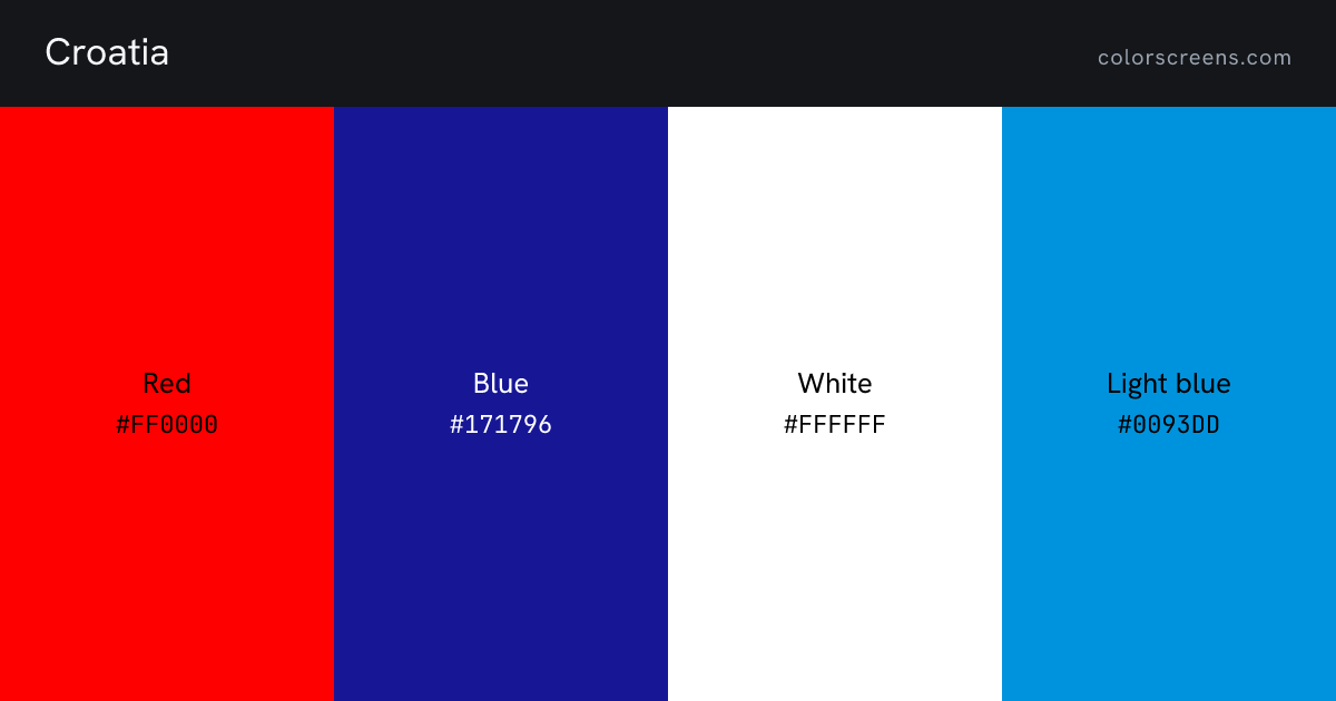 Croatia flag colors: Red #FF0000, Blue #171796, White #FFFFFF, Light blue #0093DD