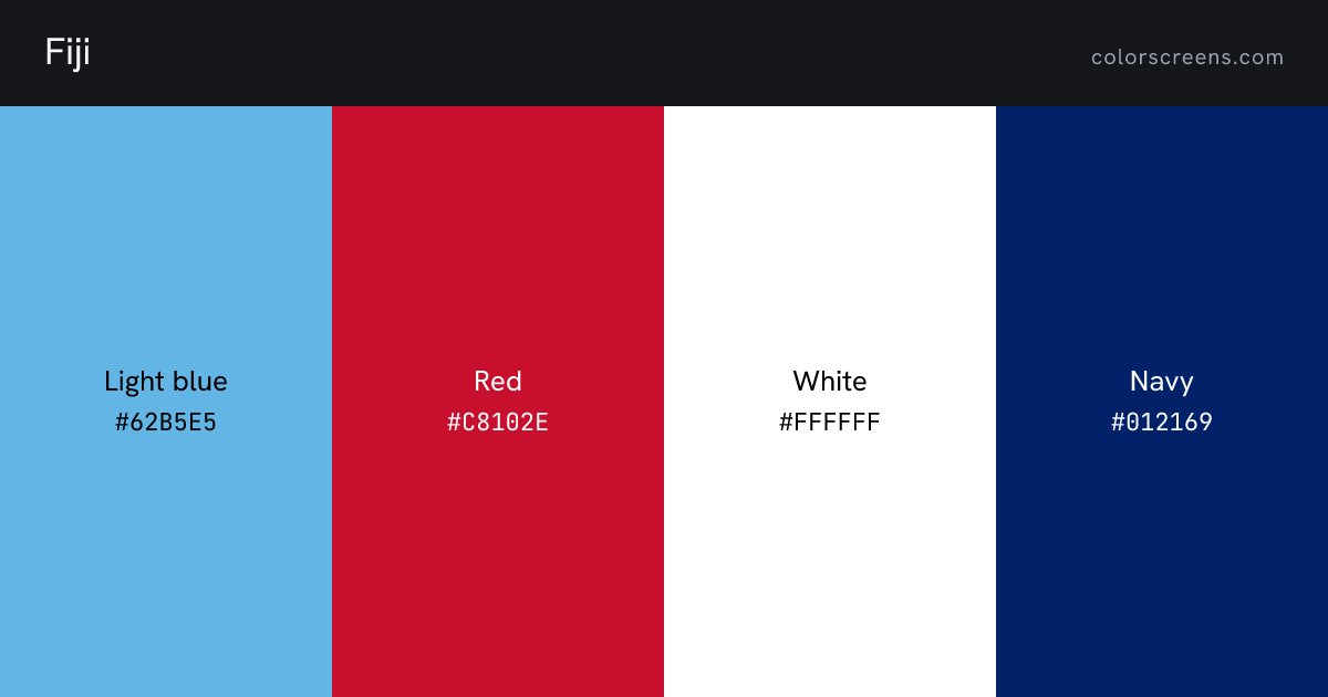 Fiji flag colors: Light blue #62B5E5, Red #C8102E, White #FFFFFF, Navy #012169