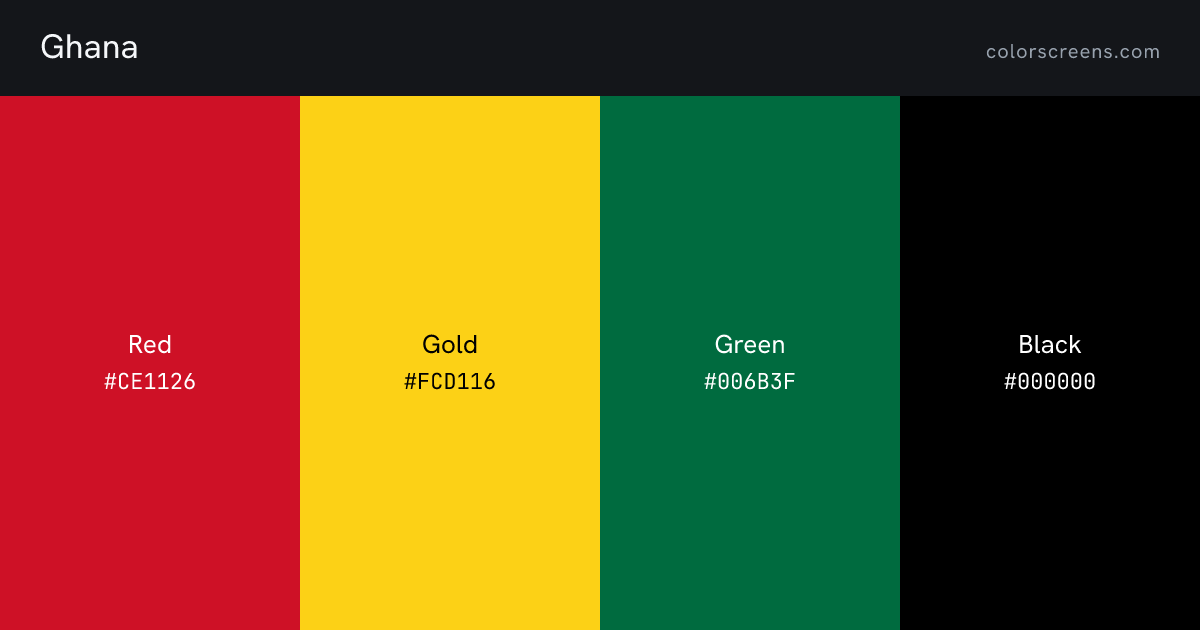 Ghana flag colors: Red #CE1126, Gold #FCD116, Green #006B3F, Black #000000