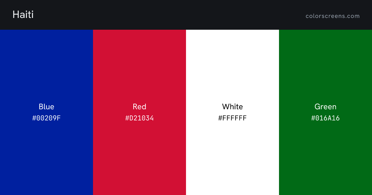 Haiti flag colors: Blue #00209F, Red #D21034, White #FFFFFF, Green #016A16