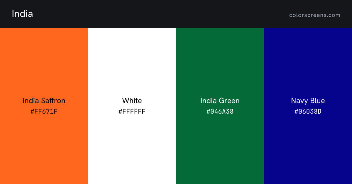 India flag colors: India Saffron #FF671F, White #FFFFFF, India Green #046A38, Navy Blue #06038D