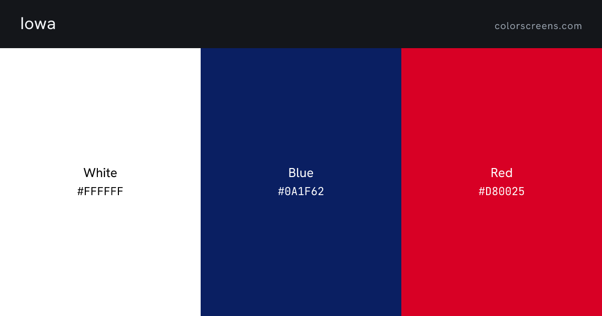 Iowa flag colors: White #FFFFFF, Blue #0A1F62, Red #D80025