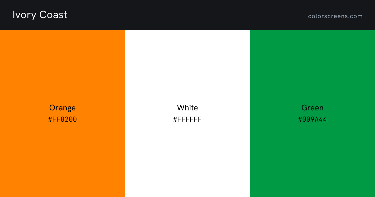 Ivory Coast flag colors: Orange #FF8200, White #FFFFFF, Green #009A44