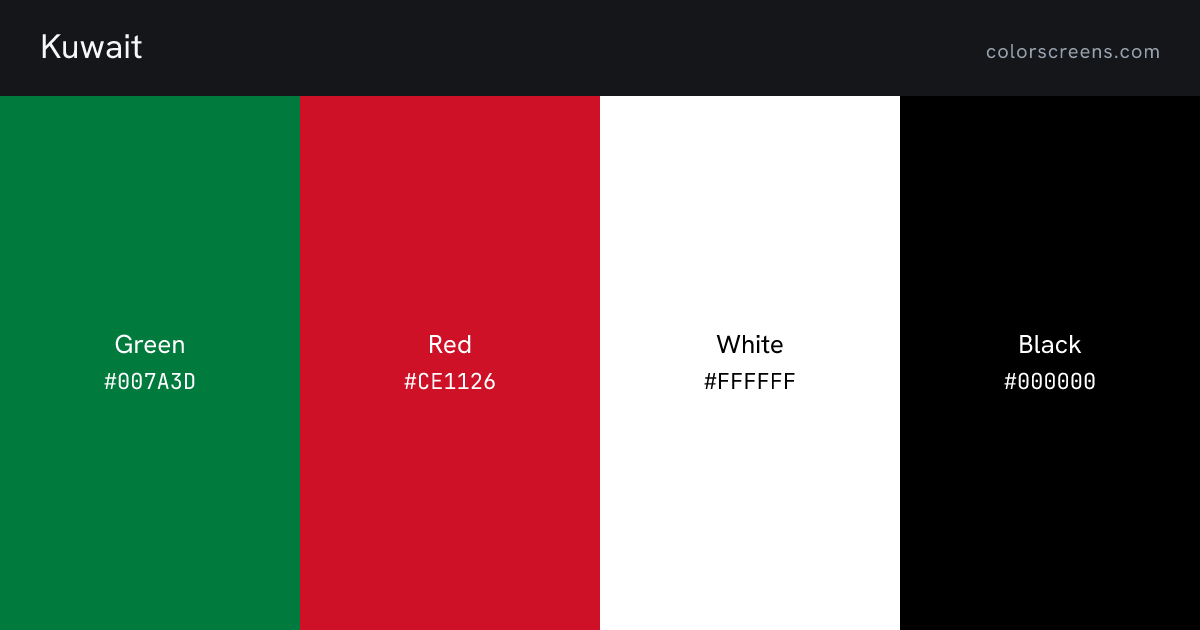 Kuwait flag colors: Green #007A3D, Red #CE1126, White #FFFFFF, Black #000000
