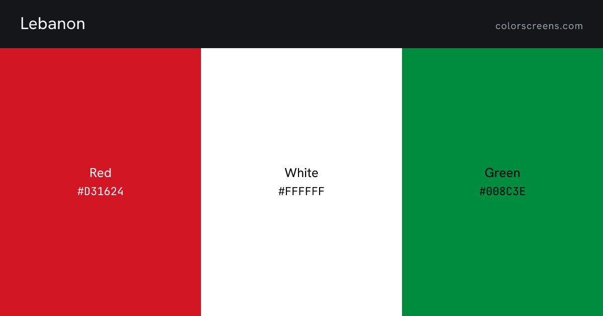 Lebanon flag colors: Red #D31624, White #FFFFFF, Green #008C3E