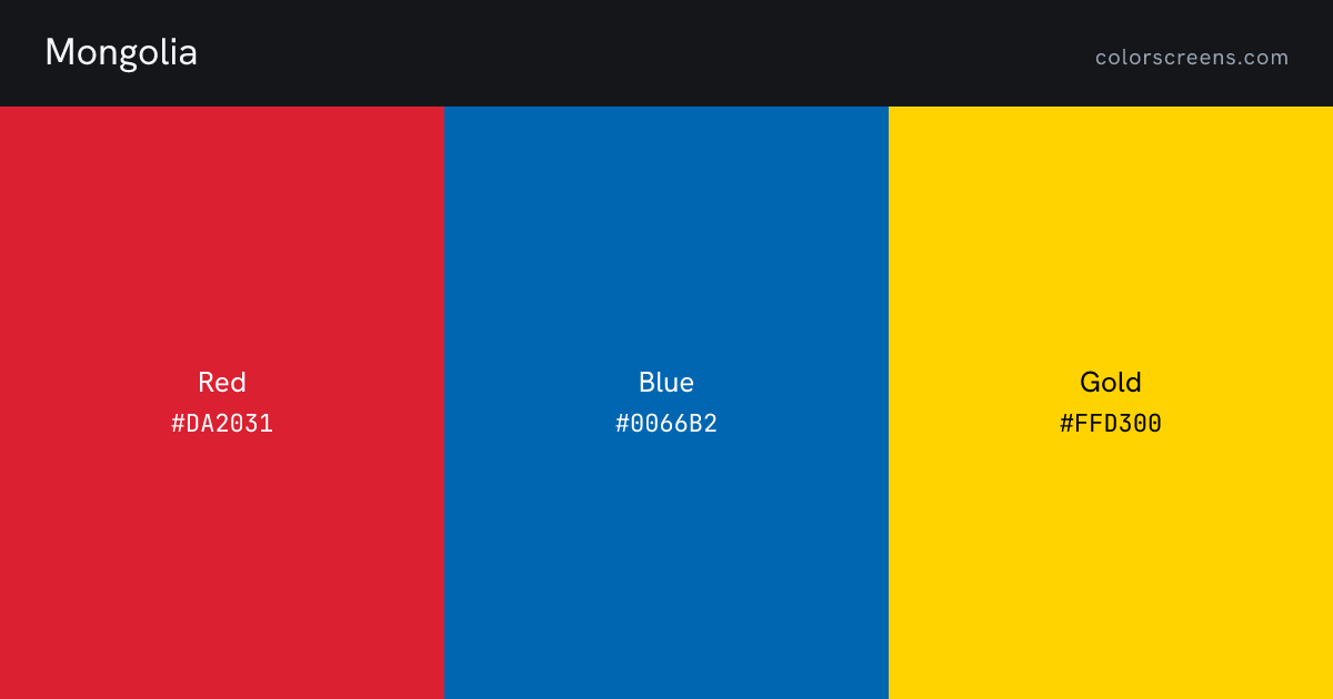 Mongolia flag colors: Red #DA2031, Blue #0066B2, Gold #FFD300