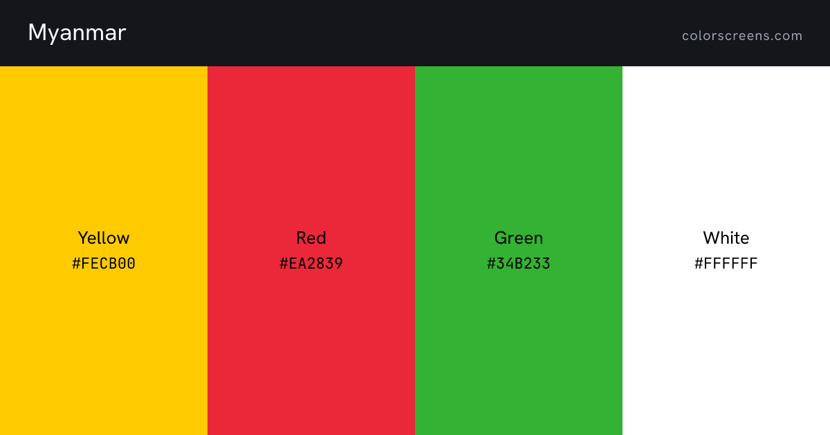 Myanmar flag colors: Yellow #FECB00, Red #EA2839, Green #34B233, White #FFFFFF