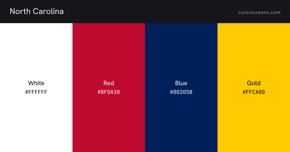 North Carolina flag colors: White #FFFFFF, Red #BF0A30, Blue #00205B, Gold #FFCA00