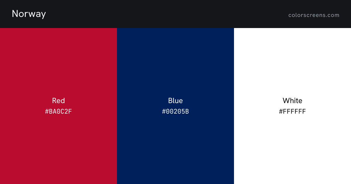 Norway flag colors: Red #BA0C2F, Blue #00205B, White #FFFFFF