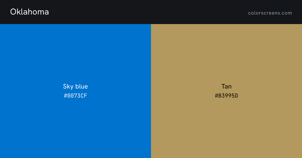 Oklahoma flag colors: Sky blue #0073CF, Tan #B3995D