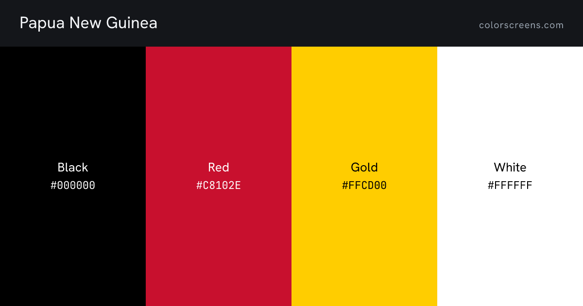 Papua New Guinea flag colors: Black #000000, Red #C8102E, Gold #FFCD00, White #FFFFFF