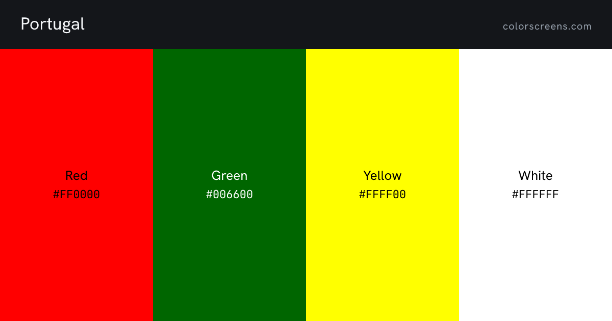 Portugal flag colors: Red #FF0000, Green #006600, Yellow #FFFF00, White #FFFFFF