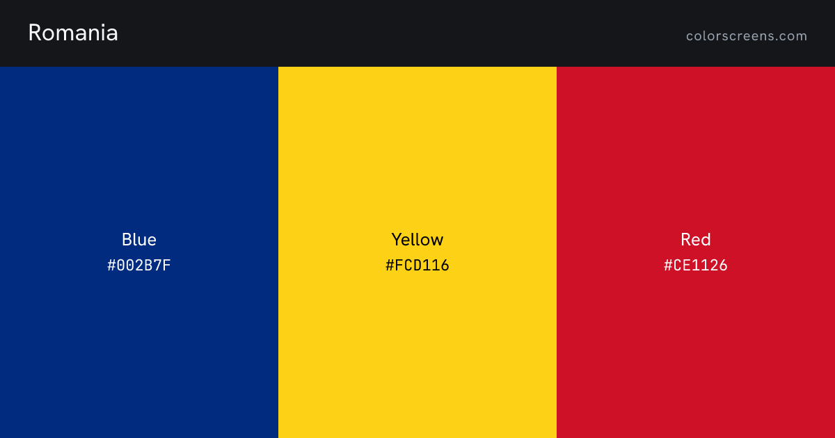 Romania flag colors: Blue #002B7F, Yellow #FCD116, Red #CE1126