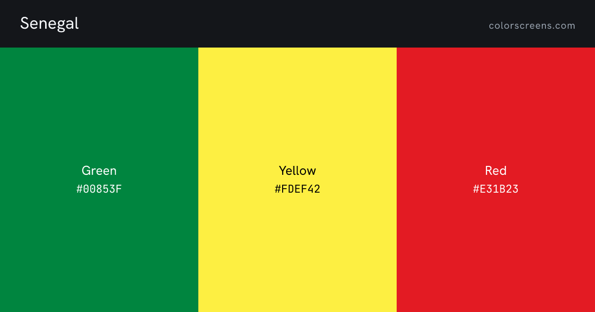 Senegal flag colors: Green #00853F, Yellow #FDEF42, Red #E31B23