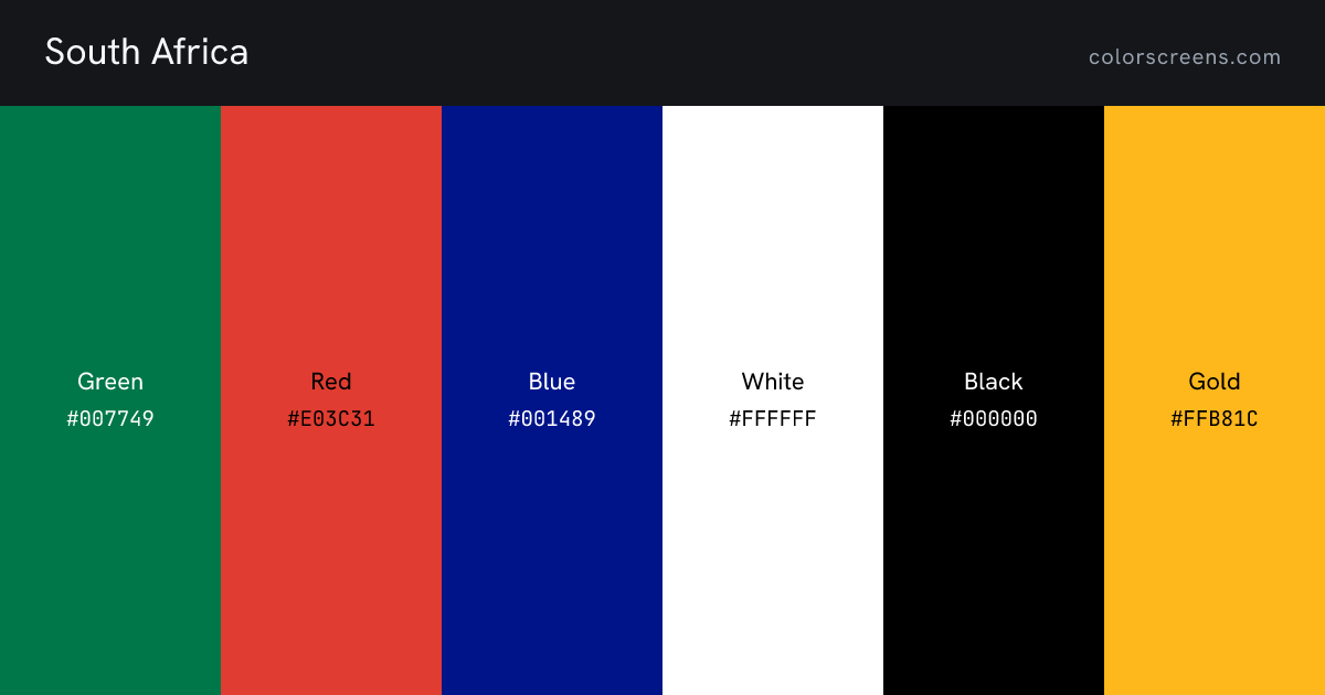 South Africa flag colors: Green #007749, Red #E03C31, Blue #001489, White #FFFFFF, Black #000000, Gold #FFB81C