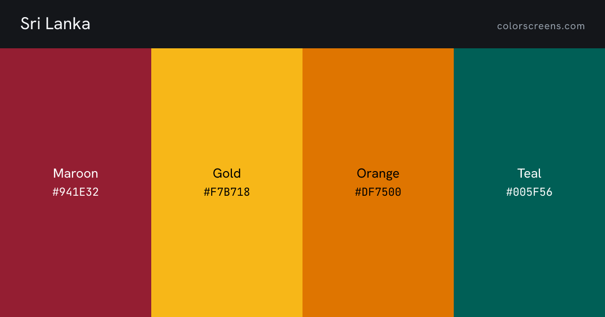 Sri Lanka flag colors: Maroon #941E32, Gold #F7B718, Orange #DF7500, Teal #005F56