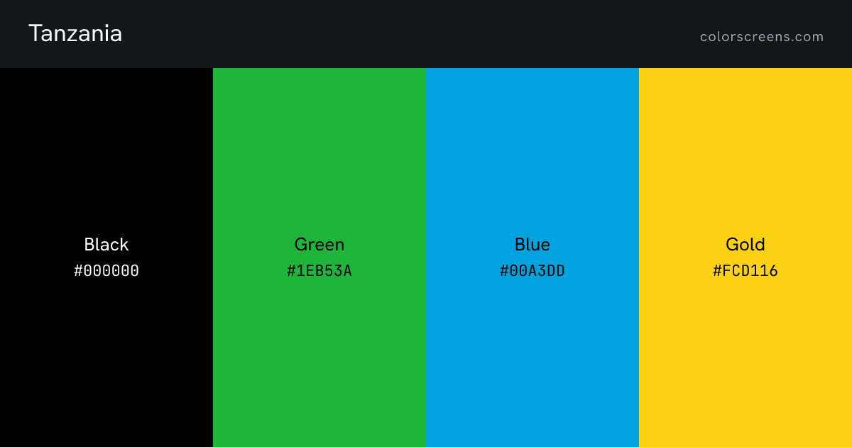 Tanzania flag colors: Black #000000, Green #1EB53A, Blue #00A3DD, Gold #FCD116