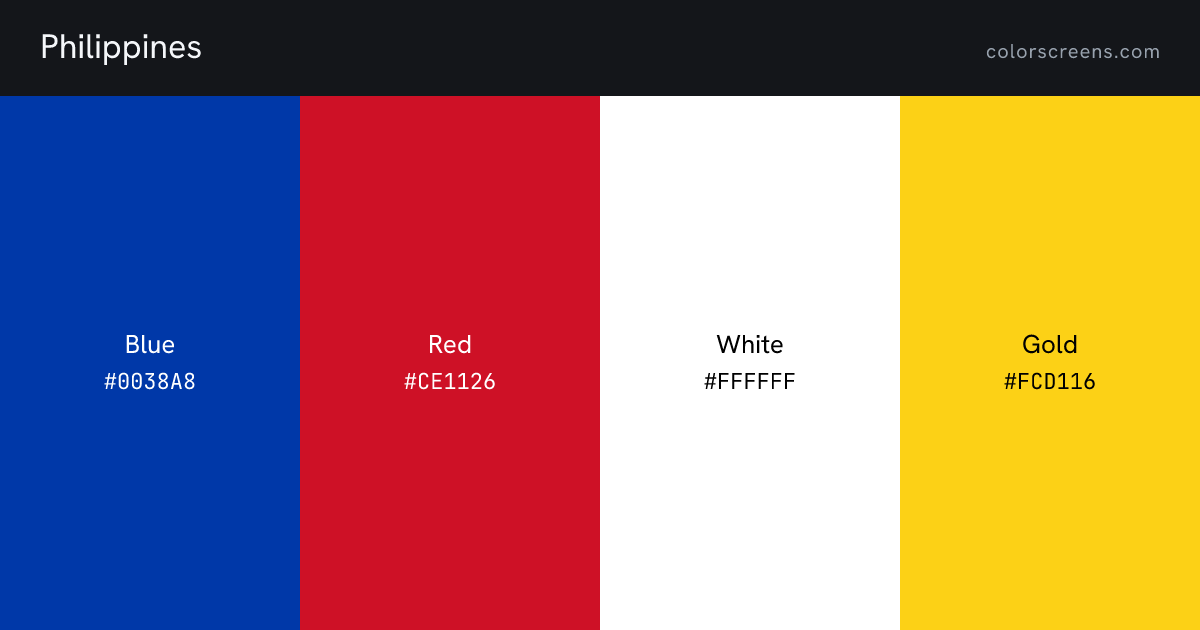Philippines flag colors: Blue #0038A8, Red #CE1126, White #FFFFFF, Gold #FCD116