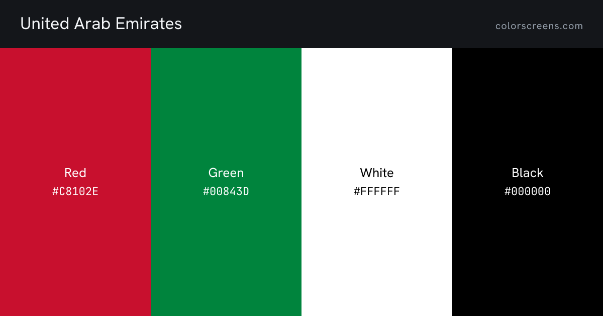 United Arab Emirates flag colors: Red #C8102E, Green #00843D, White #FFFFFF, Black #000000