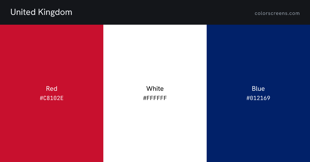 United Kingdom flag colors: Red #C8102E, White #FFFFFF, Blue #012169