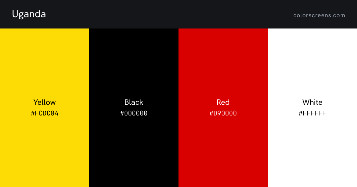 Uganda flag colors: Yellow #FCDC04, Black #000000, Red #D90000, White #FFFFFF