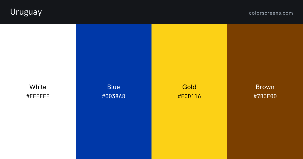 Uruguay flag colors: White #FFFFFF, Blue #0038A8, Gold #FCD116, Brown #7B3F00