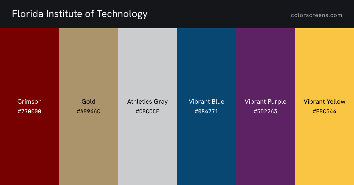 Florida Institute of Technology brand colors: Crimson #770000, Gold #AB946C, Athletics Gray #CBCCCE, Vibrant Blue #084771, Vibrant Purple #5D2263, Vibrant Yellow #FBC544
