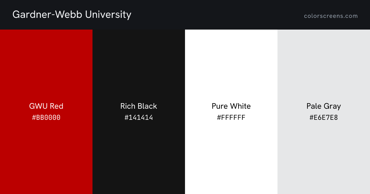 Gardner-Webb University brand colors: GWU Red #BB0000, Rich Black #141414, Pure White #FFFFFF, Pale Gray #E6E7E8