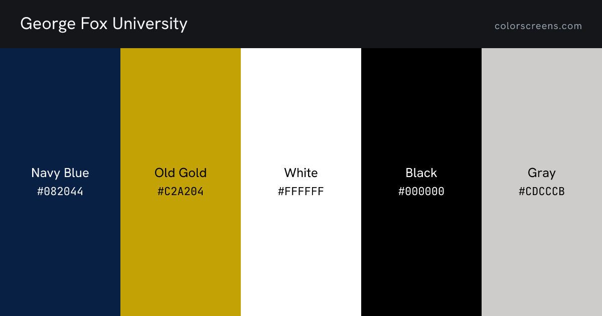 George Fox University brand colors: Navy Blue #082044, Old Gold #C2A204, White #FFFFFF, Black #000000, Gray #CDCCCB