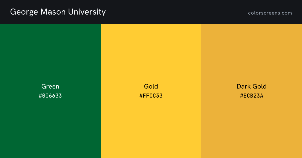 George Mason University brand colors: Green #006633, Gold #FFCC33, Dark Gold #ECB23A