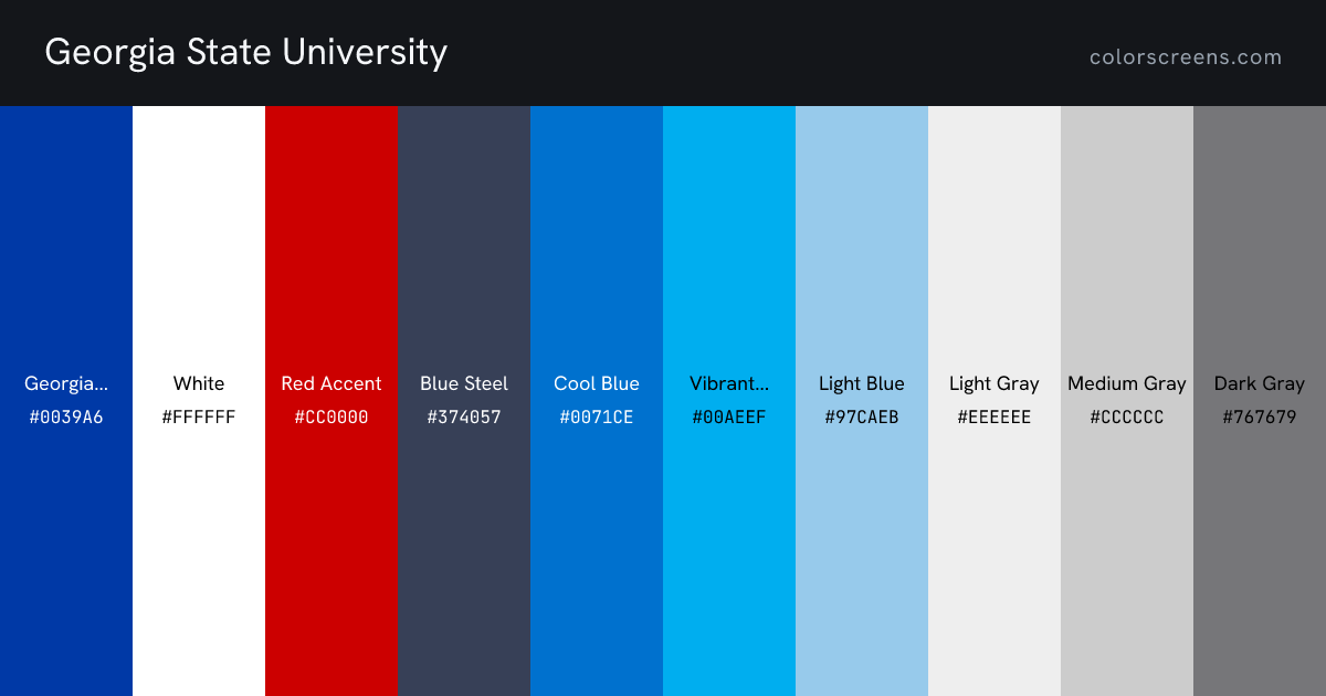 Georgia State University brand colors: Georgia State Blue #0039A6, White #FFFFFF, Red Accent #CC0000, Blue Steel #374057, Cool Blue #0071CE, Vibrant Blue #00AEEF, Light Blue #97CAEB, Light Gray #EEEEEE, Medium Gray #CCCCCC, Dark Gray #767679