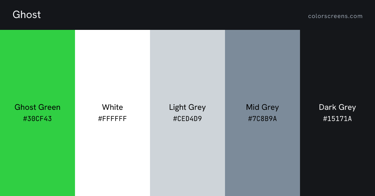 Ghost brand colors: Ghost Green #30CF43, White #FFFFFF, Light Grey #CED4D9, Mid Grey #7C8B9A, Dark Grey #15171A