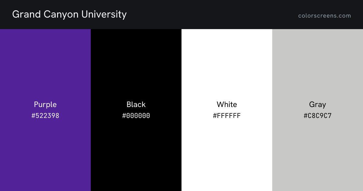 Grand Canyon University brand colors: Purple #522398, Black #000000, White #FFFFFF, Gray #C8C9C7