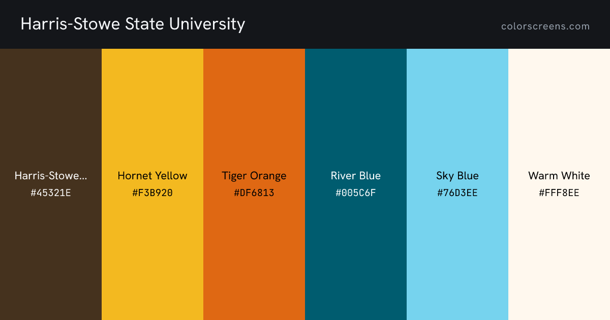 Harris-Stowe State University brand colors: Harris-Stowe Brown #45321E, Hornet Yellow #F3B920, Tiger Orange #DF6813, River Blue #005C6F, Sky Blue #76D3EE, Warm White #FFF8EE