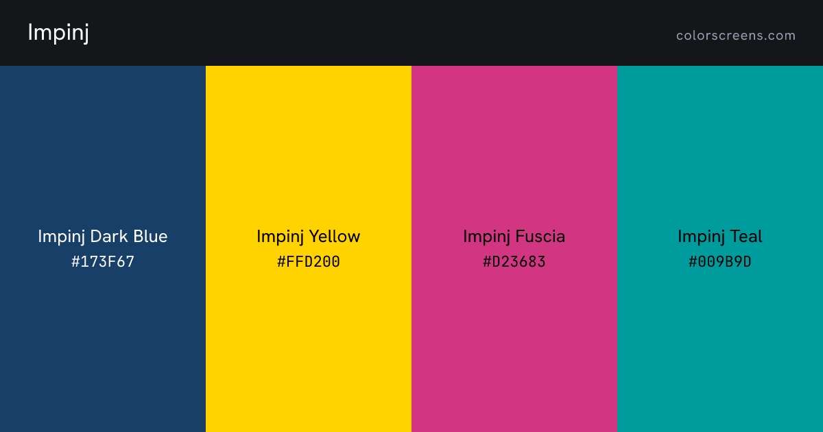 Impinj brand colors: Impinj Dark Blue #173F67, Impinj Yellow #FFD200, Impinj Fuscia #D23683, Impinj Teal #009B9D