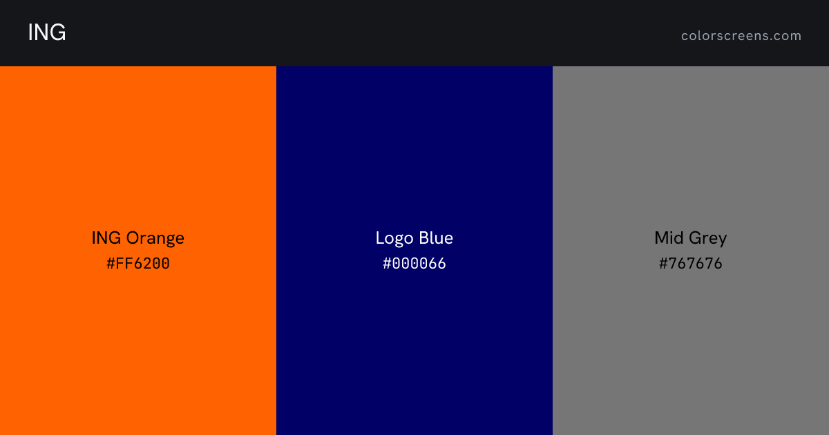 ING brand colors: ING Orange #FF6200, Logo Blue #000066, Mid Grey #767676