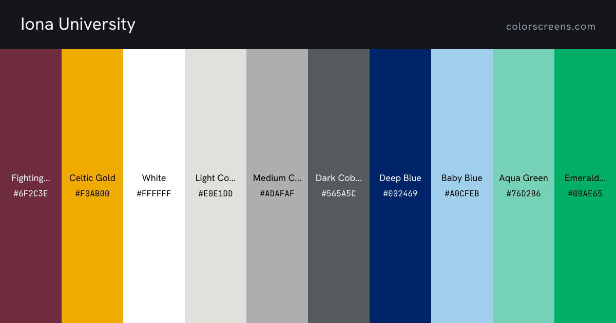 Iona University brand colors: Fighting Maroon #6F2C3E, Celtic Gold #F0AB00, White #FFFFFF, Light Cobblestone Gray #E0E1DD, Medium Cobblestone Gray #ADAFAF, Dark Cobblestone Gray #565A5C, Deep Blue #002469, Baby Blue #A0CFEB, Aqua Green #76D2B6, Emerald Green #00AE65